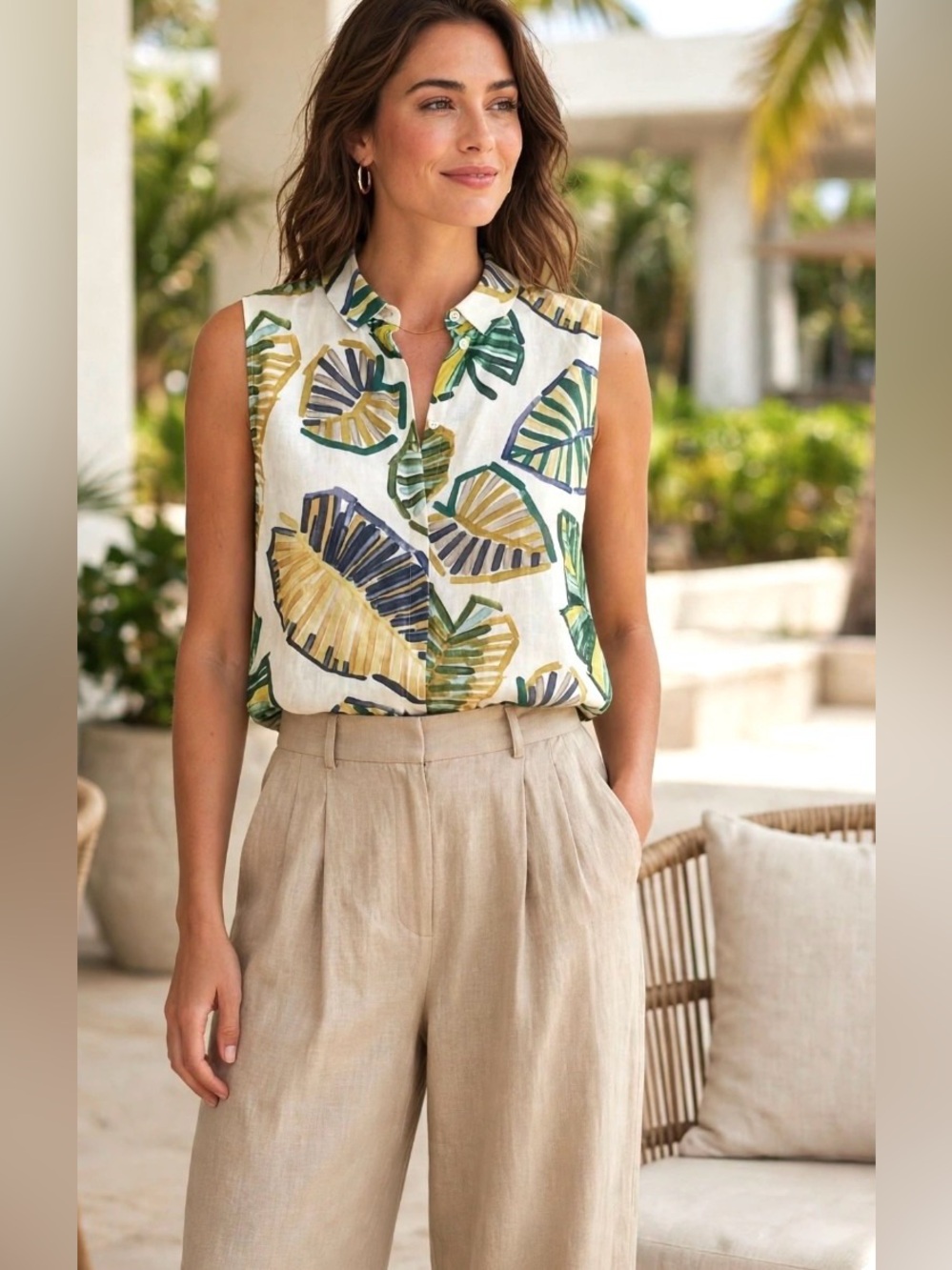 Lafayette 148 New York 100% linen top sleeveless, shirt button down, Sz M tropic